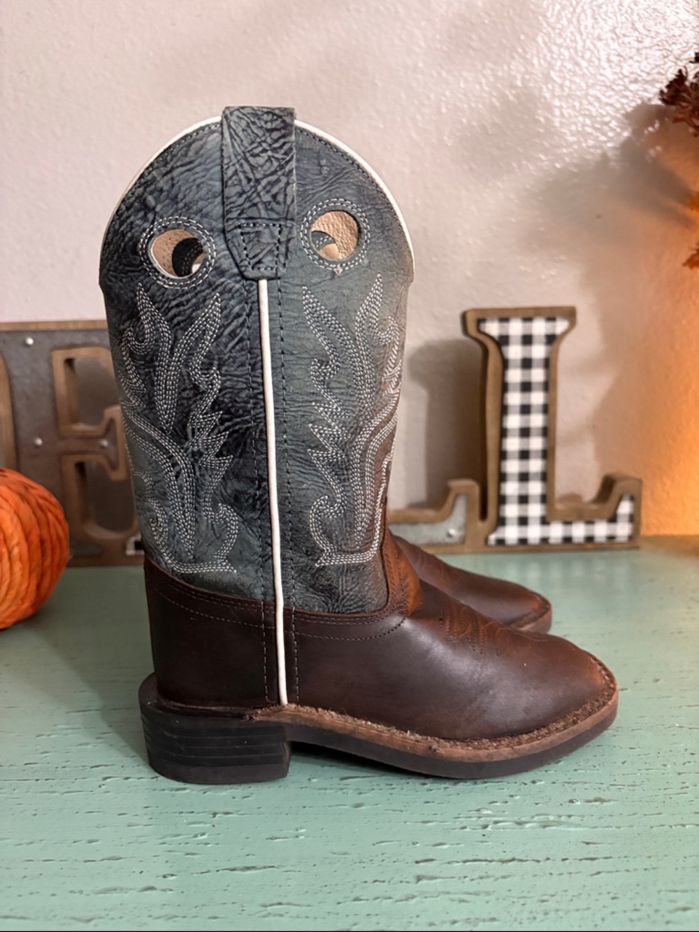 Old West Brown Leather Kids Western Boots with Gray Embroidered Shaft